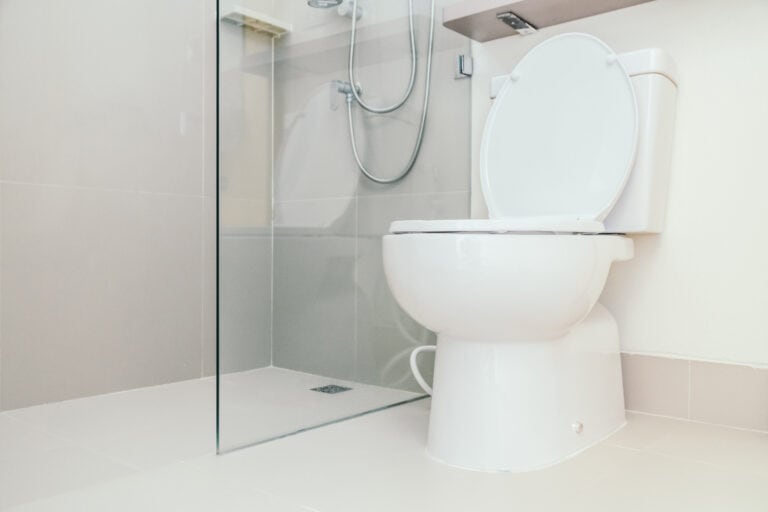 California ADA Residential Bathroom Rules (Must Know Guide) 3 Toilet and walk-in shower in a California home showing ADA-compliant residential bathroom layout