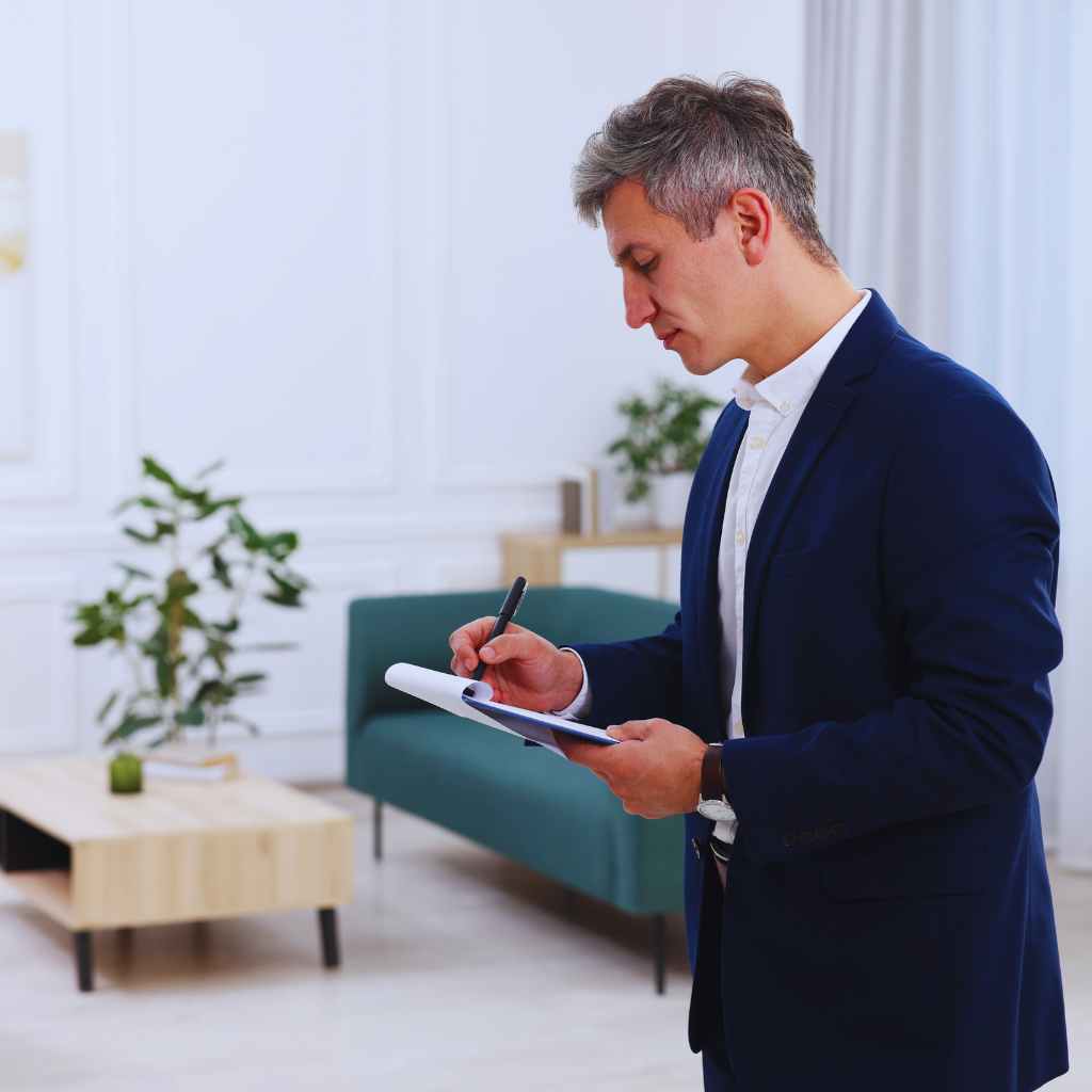 How to Read a CASp Report | Plain-Language Guide for California Property Owners 4 A CASp inspector observes an interior space and takes notes on accessibility conditions during a California building compliance assessment.