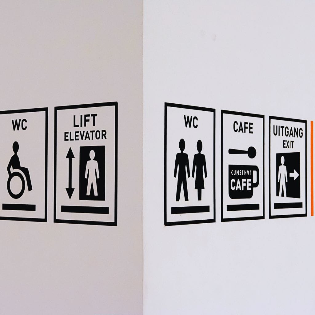Accessible wayfinding signs on a facility wall showing restroom icons, an elevator symbol, a wheelchair-accessible restroom indicator, a café sign, and an exit symbol, representing the types of elements reviewed during a CASp inspection under California Title 24.