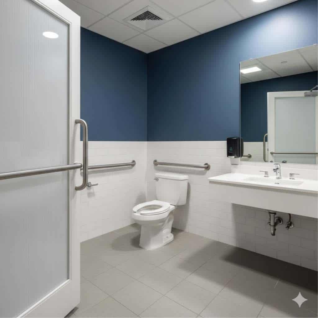 Accessible hotel bathroom featuring the required 60-inch minimum clear width for a roll-in shower stall, complete with a folding seat, vertical grab bar, and wall-mounted sink. The image highlights floor space for wheelchair maneuverability.