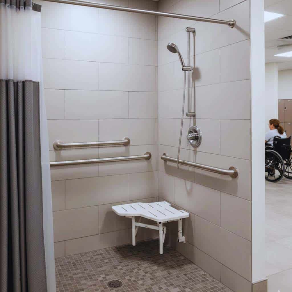 ADA Compliant Shower with Grab Bars and Folding Seat