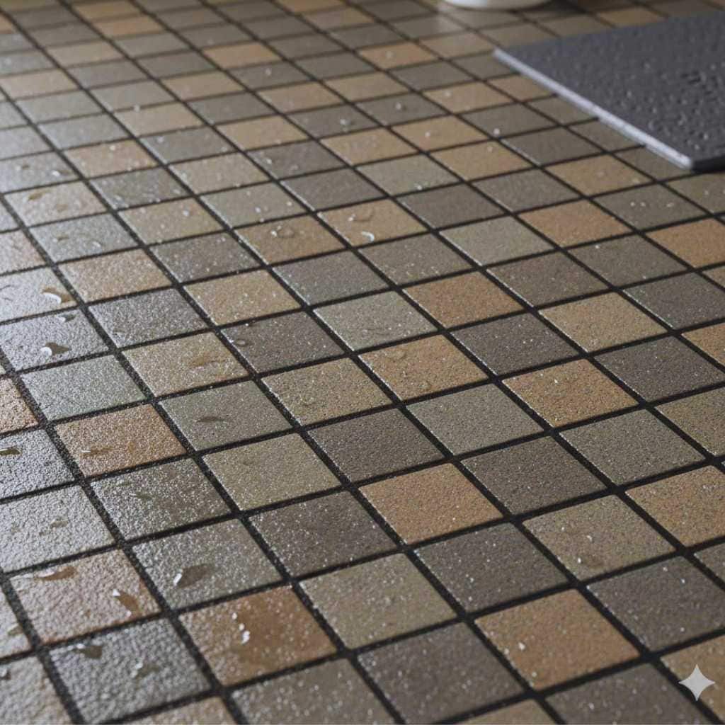 A technical diagram of an ADA-compliant shower floor showcasing slip-resistant tile texture. The image highlights requirements under CBC Title 24 Section 11B-608.10 for firm, stable, and slip-resistant surfaces, featuring matte-finish mosaic tiles with frequent grout lines for enhanced traction in wet conditions.