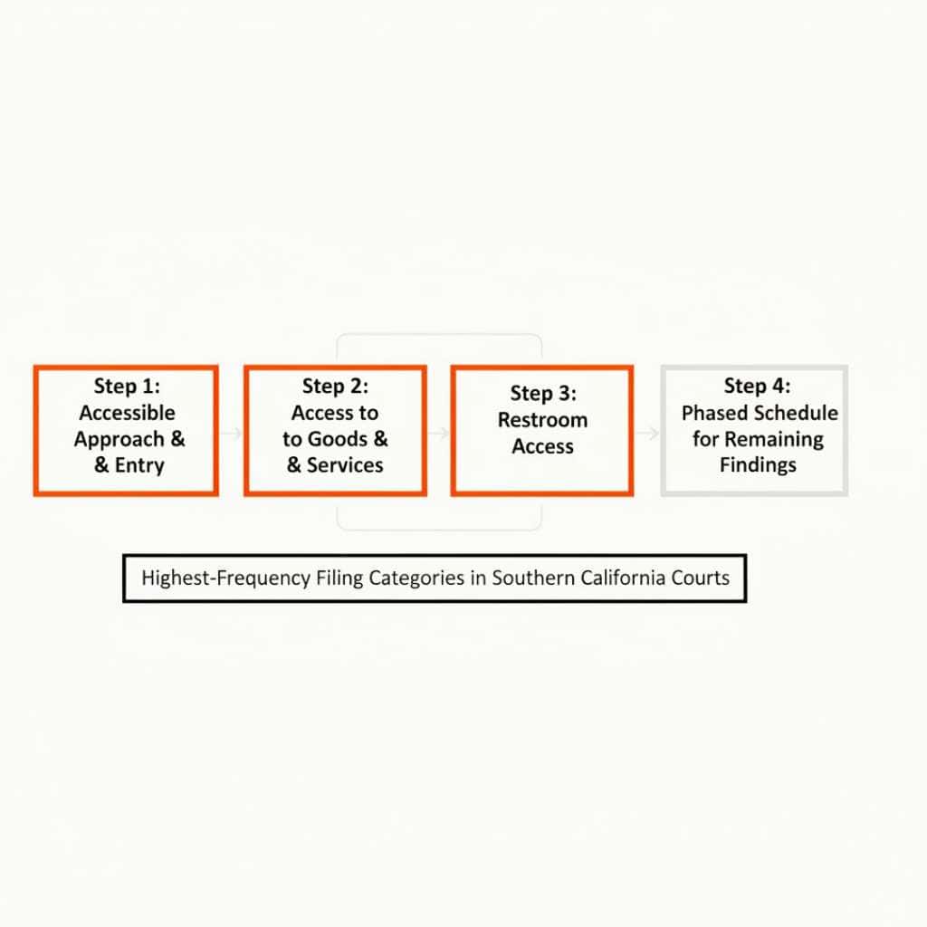 Four-step California remediation sequence with steps one through three marked as high-litigation priority categories