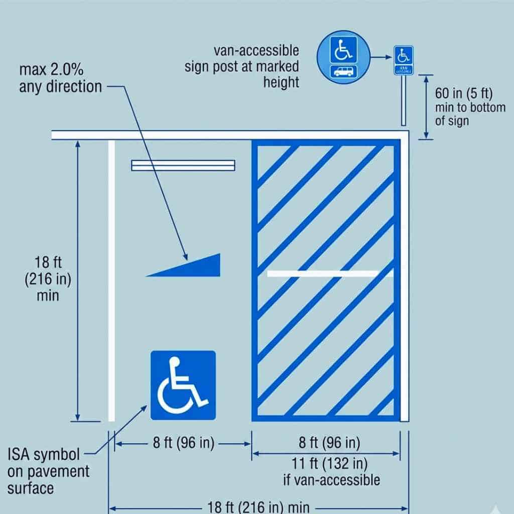 Overhead diagram of a compliant accessible parking space showing 2.0% maximum slope, access aisle width, van-accessible sign height requirements, and ISA pavement symbol placement.
