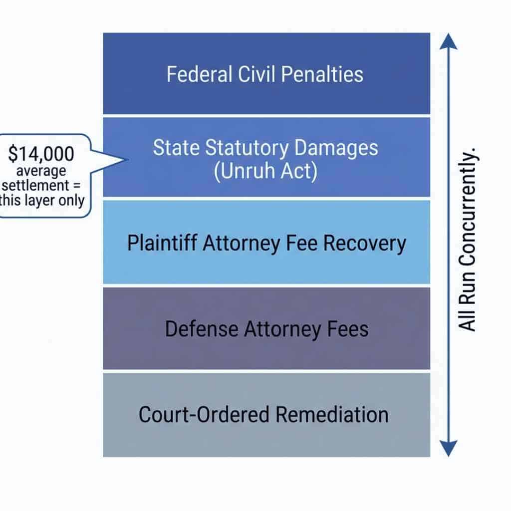 iagram of five concurrent ADA lawsuit cost categories in California, showing federal penalties, Unruh damages, plaintiff fees, defense fees, and remediation running simultaneously.