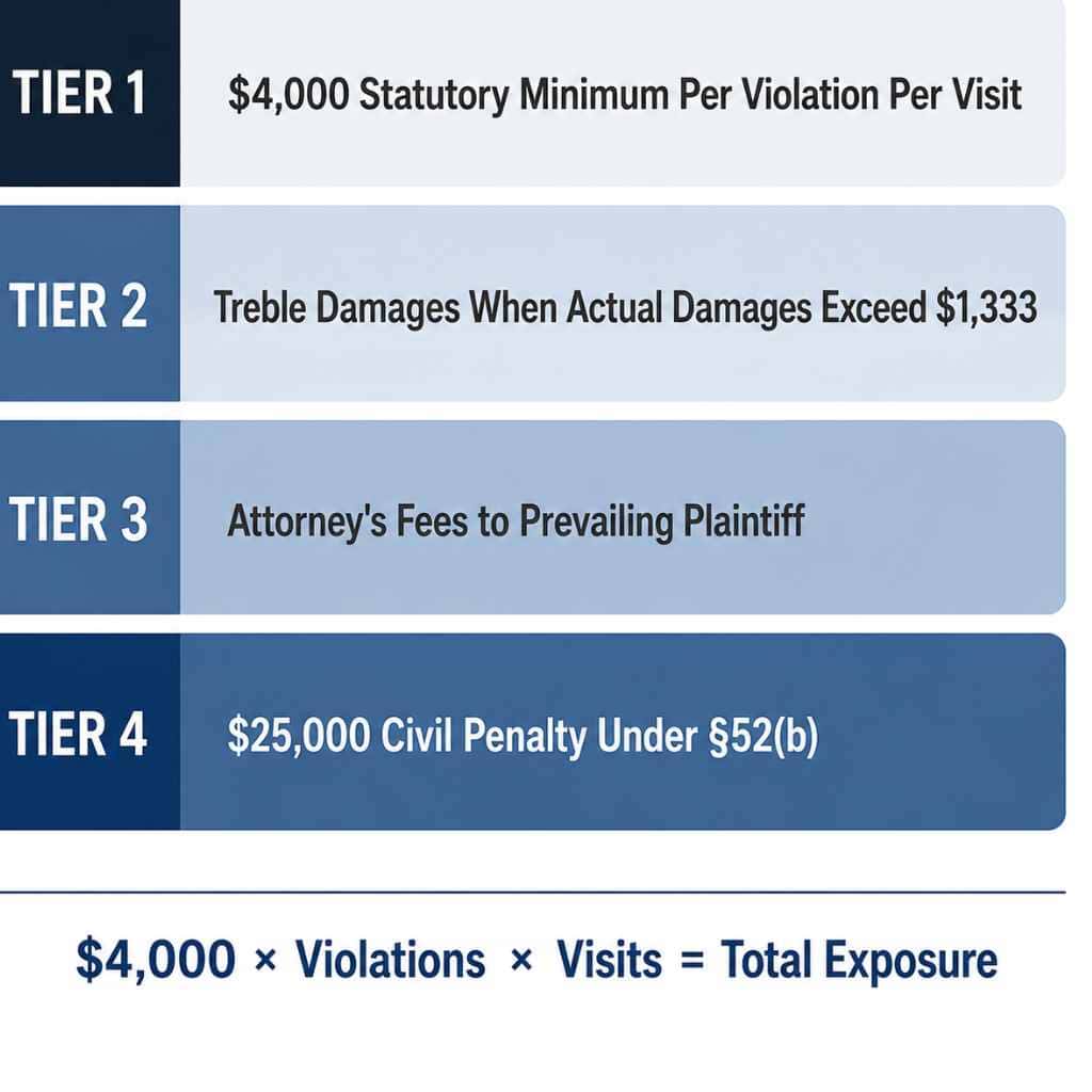 Tiered diagram showing the four components of §52(a) damages: $4,000 minimum, treble damages, attorney fees, and $25,000 civil penalty