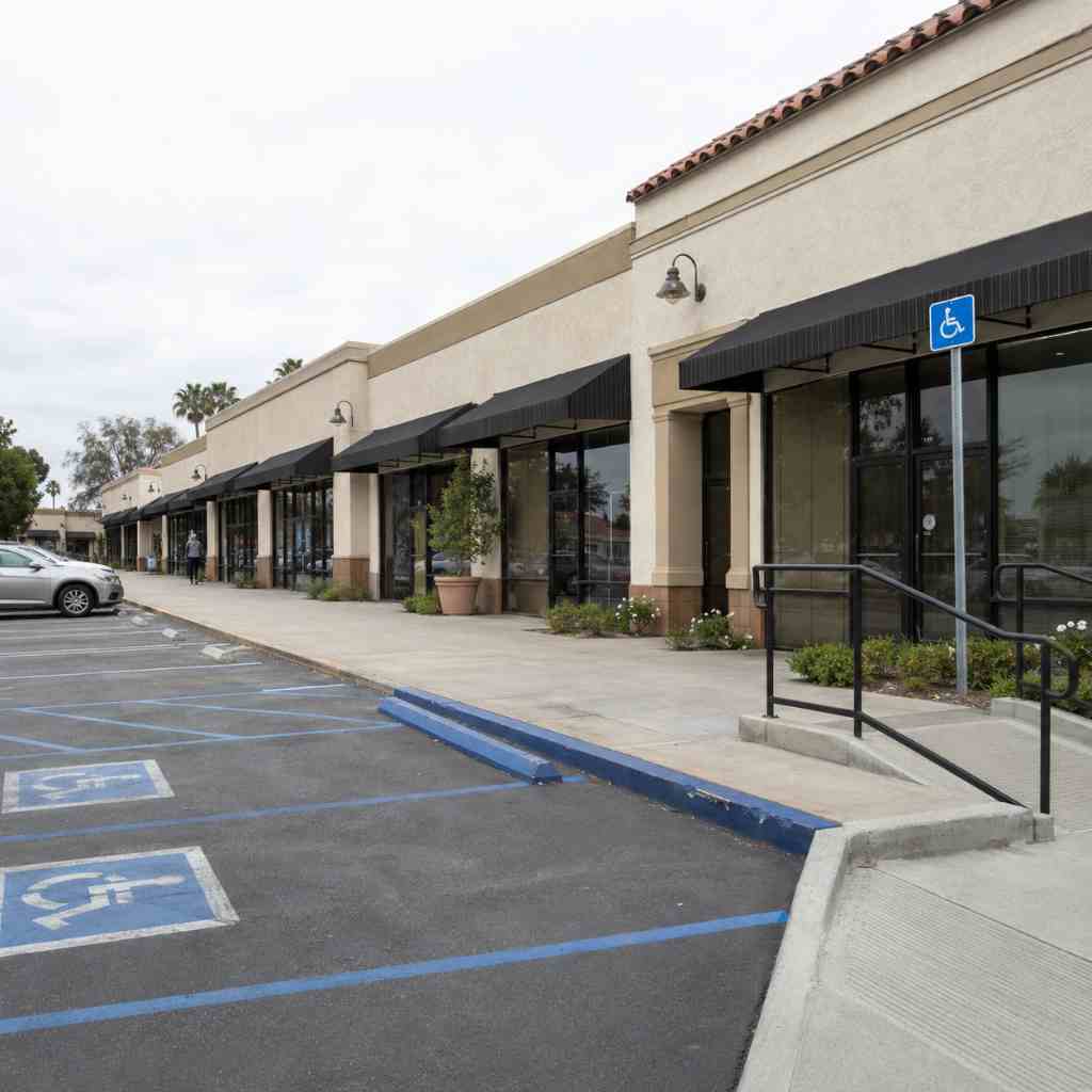 Southern California strip mall walkway showing shared entrance ramp, uneven concrete path, and accessible parking serving multiple tenant storefronts