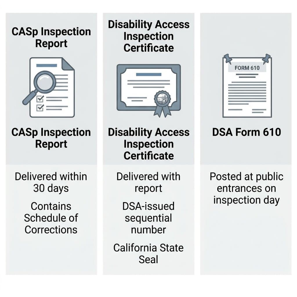 Diagram showing the three documents produced by a CASp inspection: the inspection report, Disability Access Inspection Certificate, and DSA Form 610, with their respective timelines.