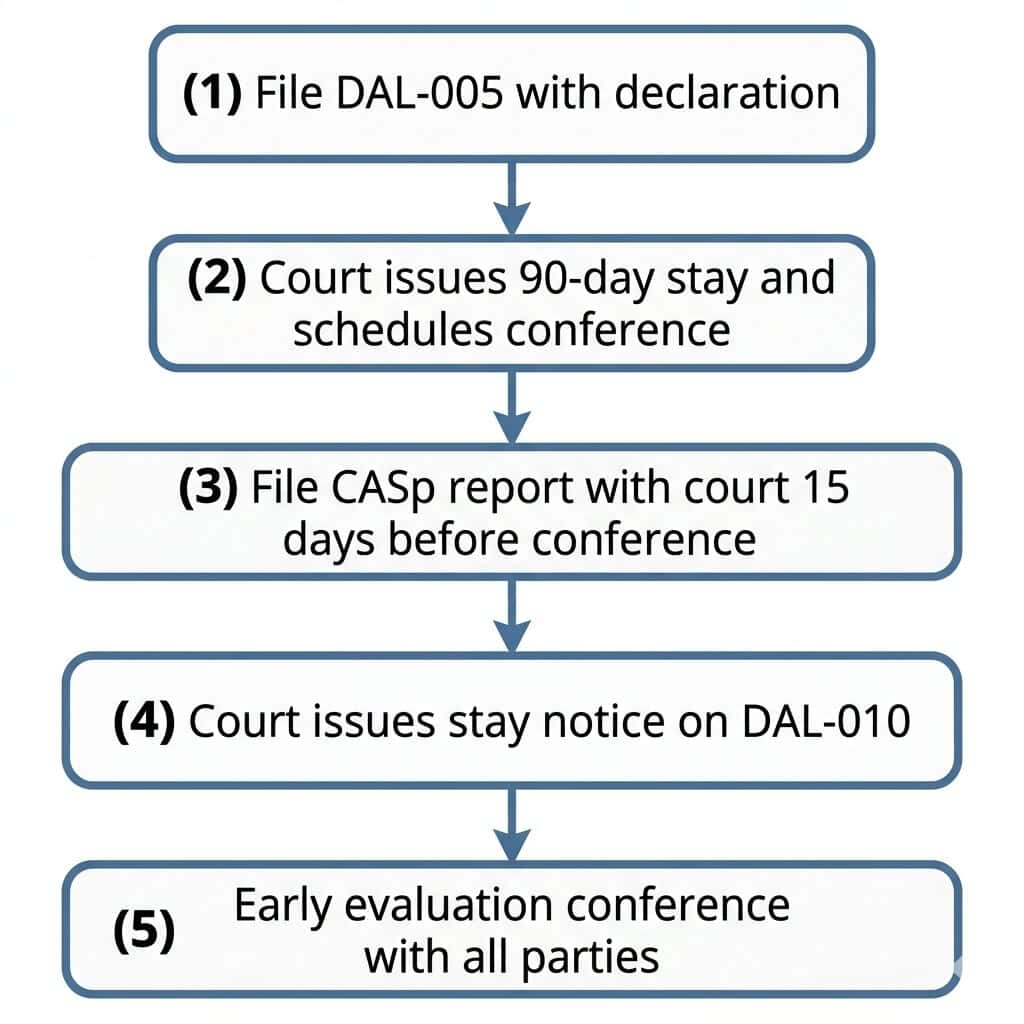 Flowchart showing the five-step DAL-005 filing sequence required to invoke the 90-day litigation stay under California Civil Code §55.54