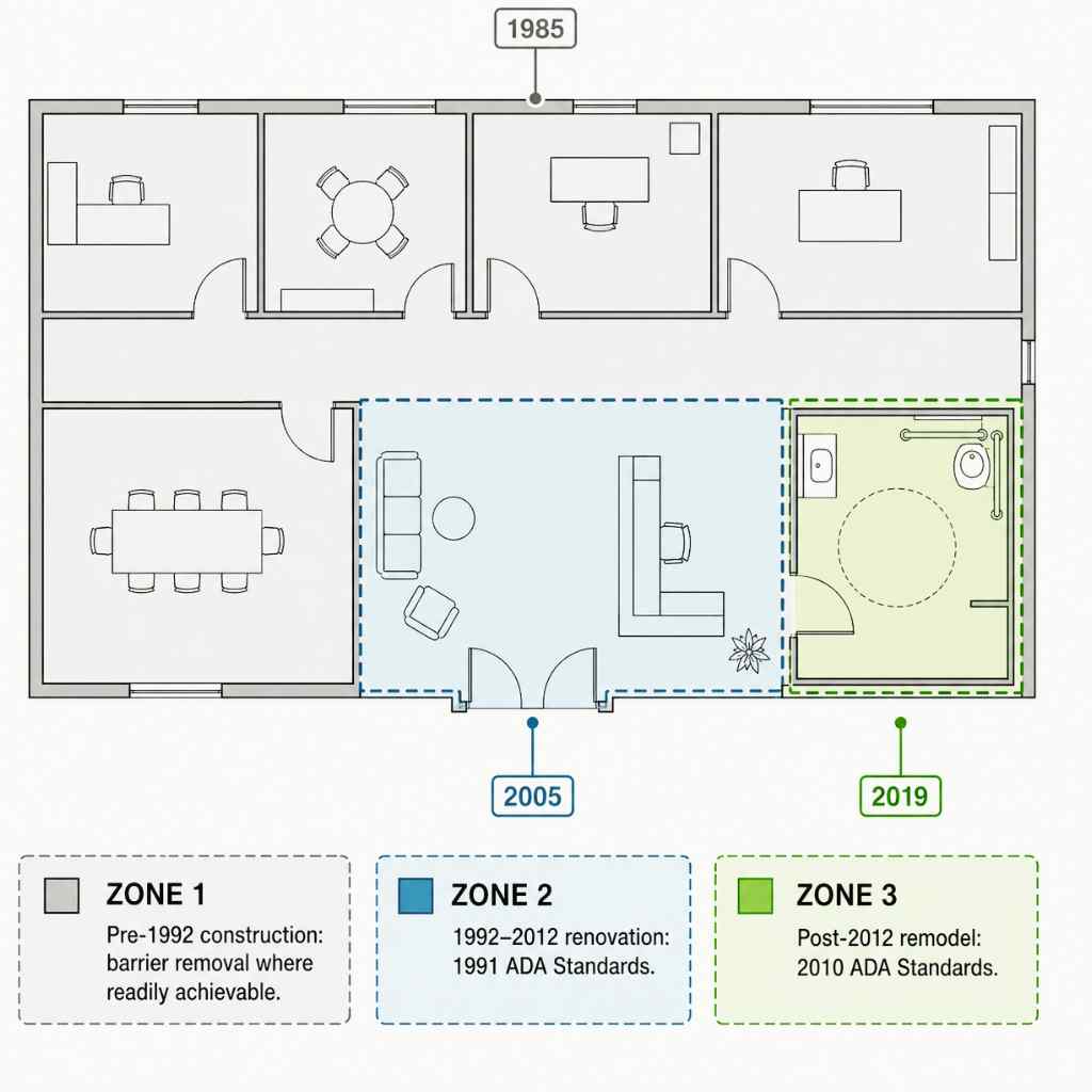 Floor plan diagram showing three zones of a commercial property color-coded by applicable ADA standards version based on construction and renovation dates