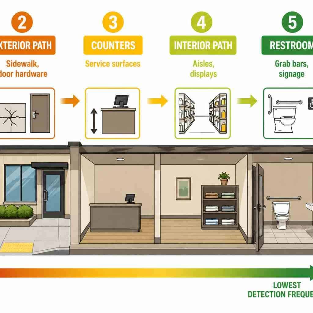 Process diagram showing plaintiff scanning sequence from parking lot through exterior path, counters, interior path, to restroom, with color gradient indicating decreasing litigation risk at each stage