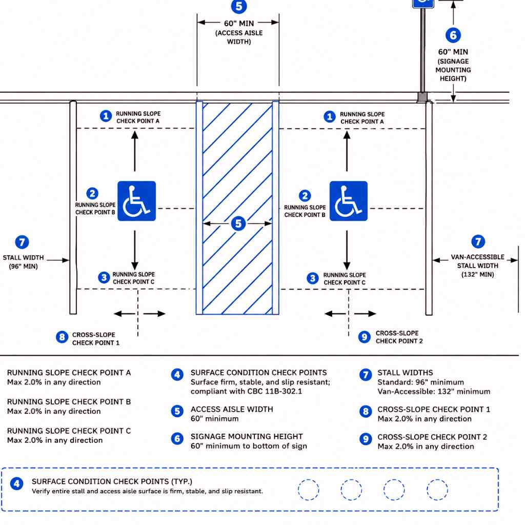 Top-down diagram of accessible and van-accessible parking stalls showing numbered measurement callout points for slope, width, signage, and surface condition