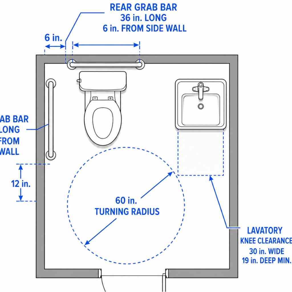 Overhead floor plan of accessible restroom showing grab bar placement measurements, 60-inch turning radius, lavatory clearance, and outward-swinging door