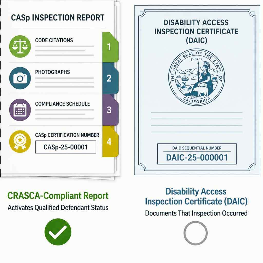 Side-by-side comparison of a multi-page CRASCA-compliant CASp report that activates Qualified Defendant status and a single-page DAIC certificate that documents the inspection occurred