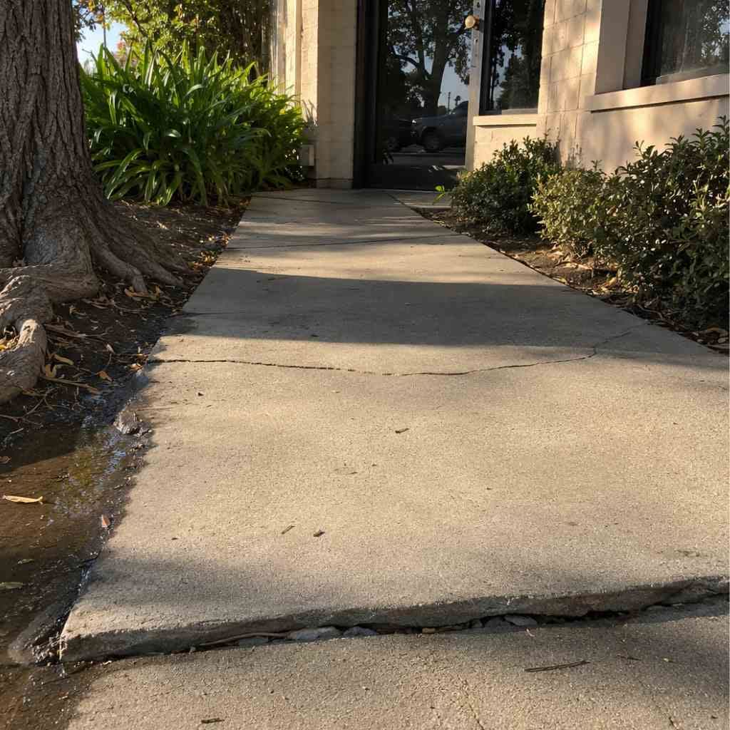 Concrete sidewalk at California commercial building showing tree-root uplift, surface cracking, and standing water indicating cross-slope failure