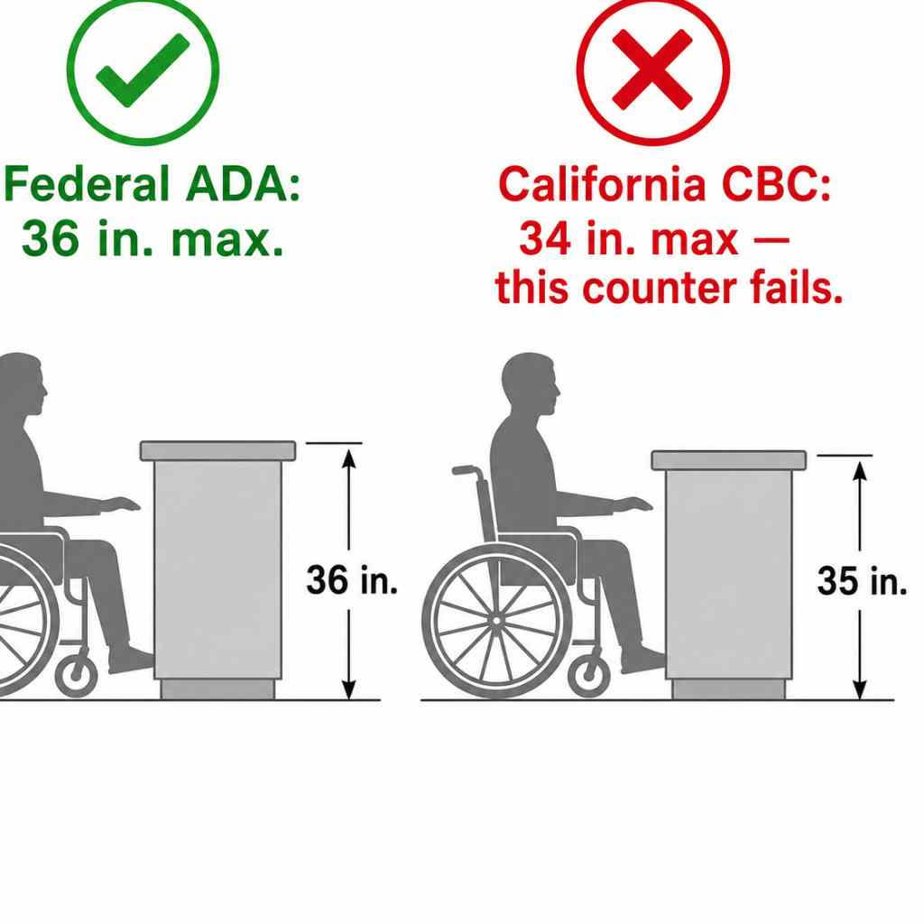 Comparison diagram showing 36-inch federal counter height standard passing while 35-inch counter fails California's stricter 34-inch CBC maximum