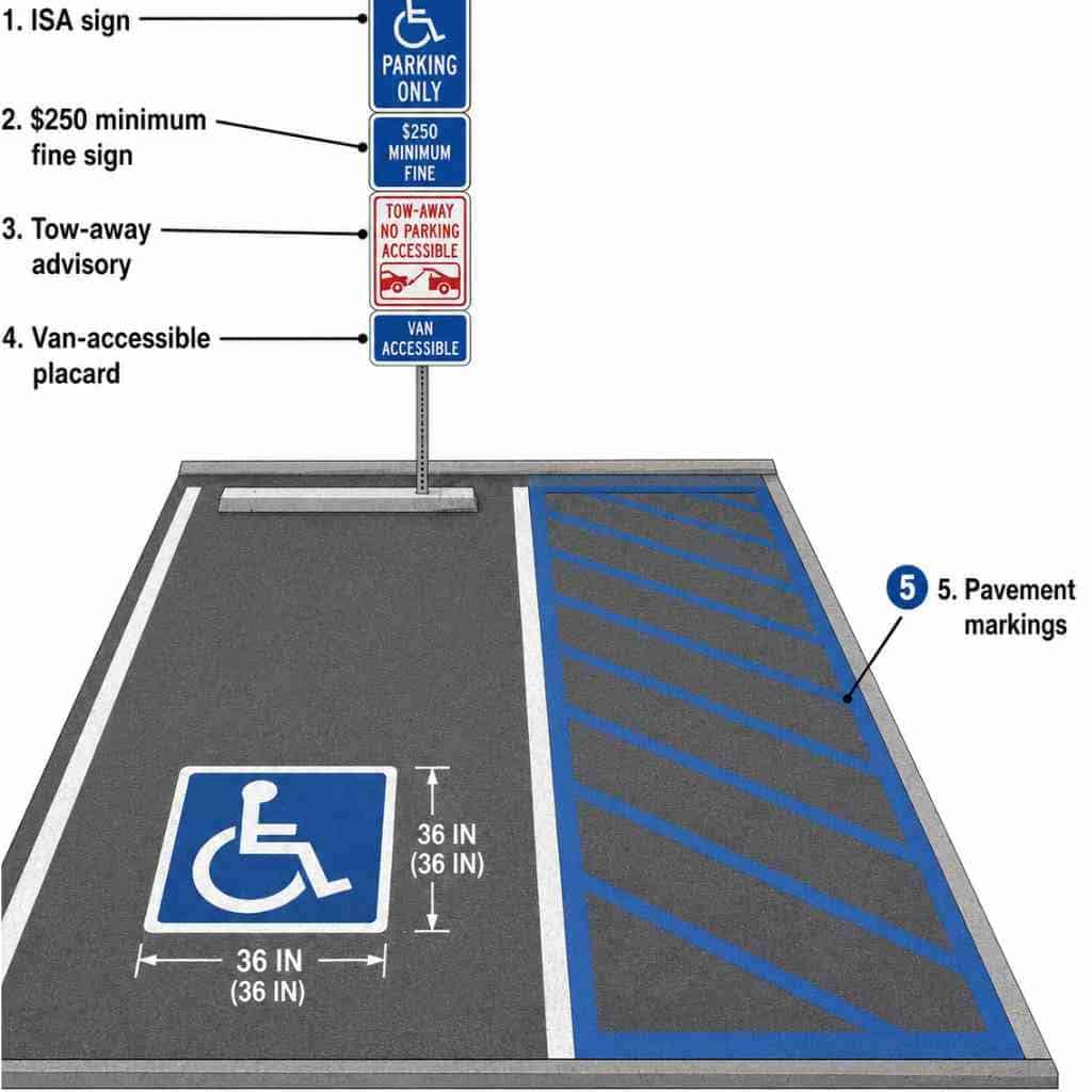Annotated diagram of accessible parking space showing all five CBC-required elements: ISA sign, fine warning, tow-away sign, van-accessible placard, and pavement markings with blue-bordered access aisle